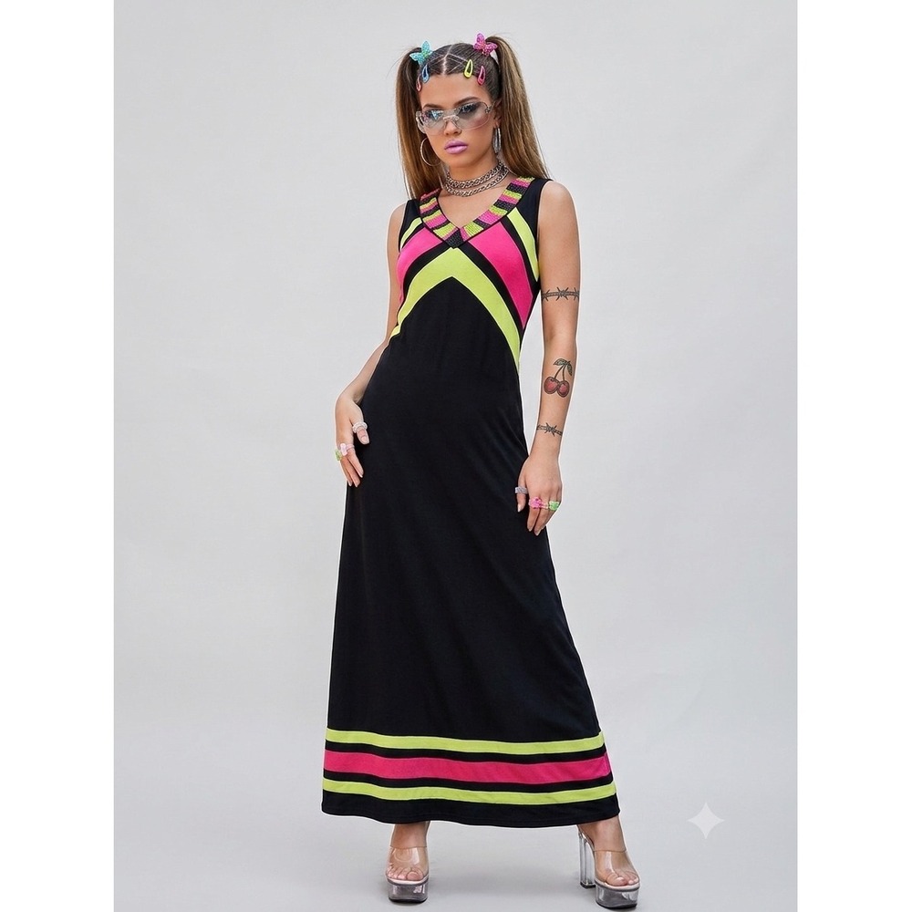 Vintage Variations 90s Y2K Beaded Color Block Jersey Maxi Dress Neon Pink Lime M